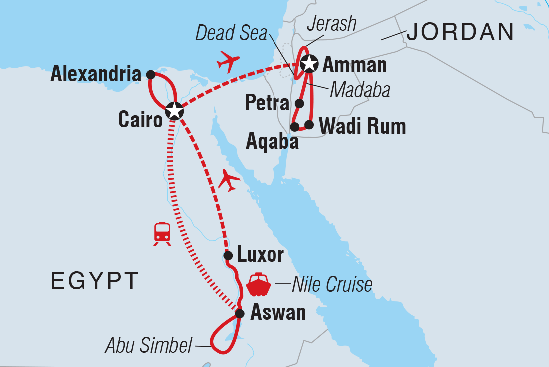 Map of Explore Egypt & Jordan including Egypt and Jordan