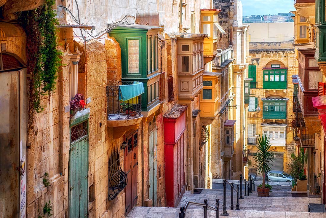 Narrow and colourful streets of Valletta, Malta