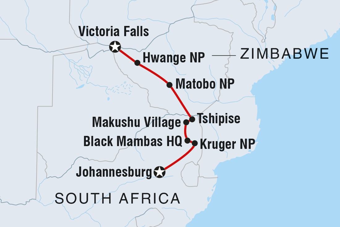 Map of Vic Falls To Kruger including South Africa and Zimbabwe
