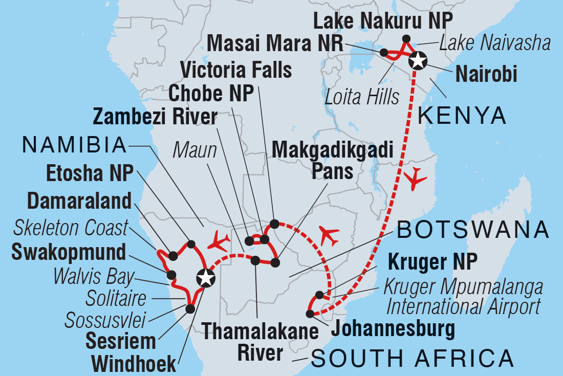 Map of Premium Kenya & Southern Africa In Depth including Botswana, Kenya, Namibia, South Africa and Zimbabwe