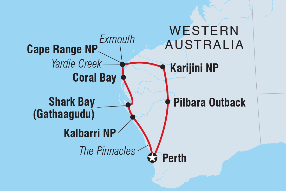 Map of West Coast & Karijini Overland Adventure including Australia