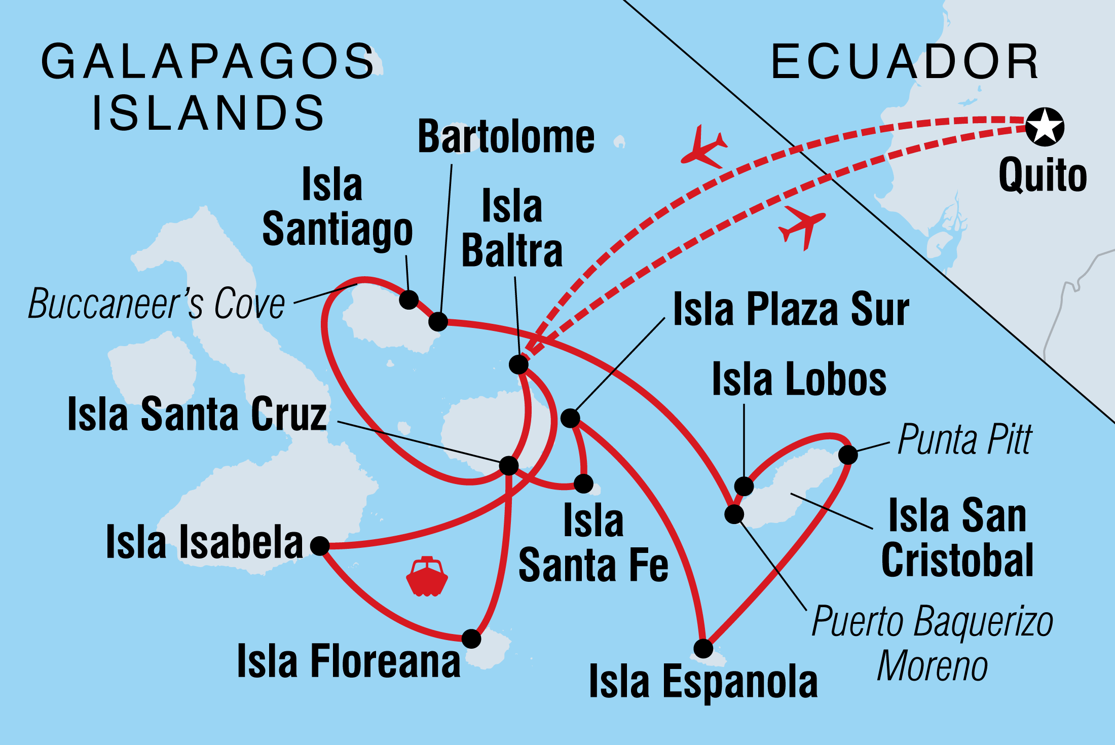 Map of Treasures Of Galapagos: Western & Central Islands (Grand Queen Beatriz) including Ecuador