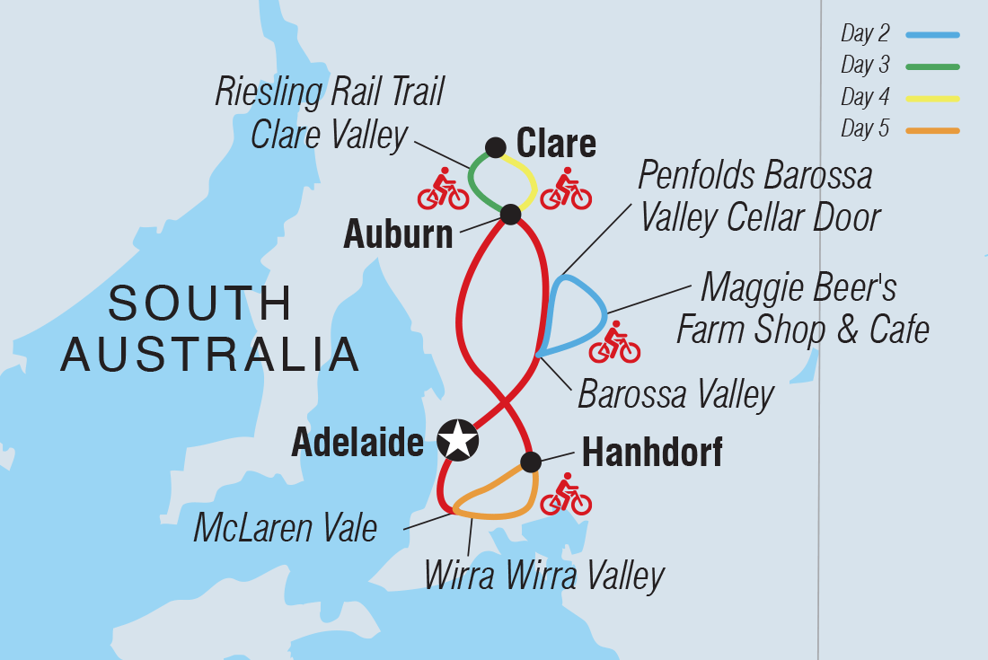 Map of Cycle South Australia's Wine Regions including Australia