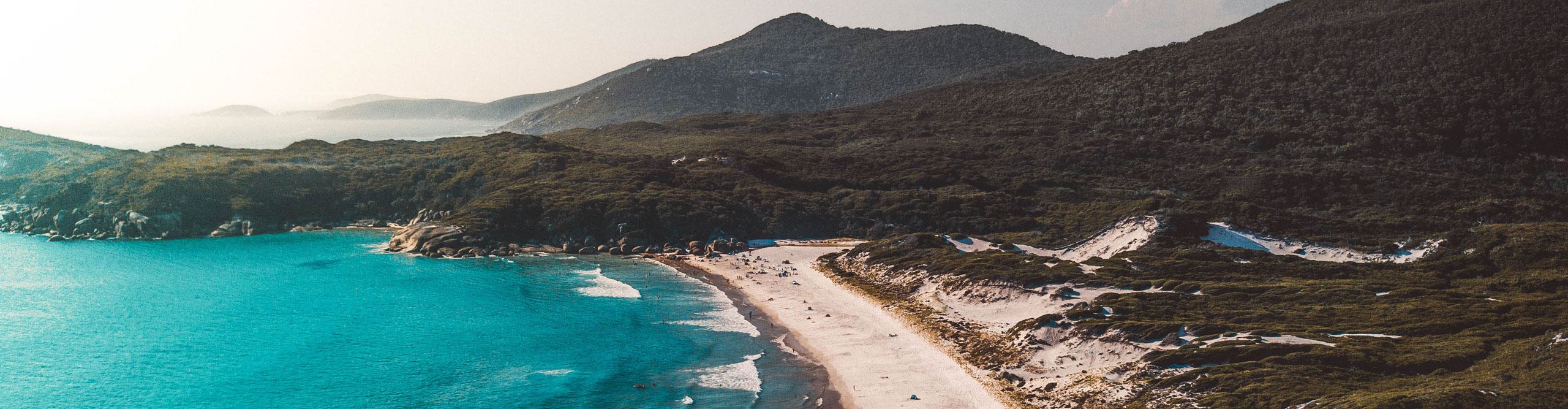 Aerial view of the beach and ranges at Wilsons Promontory on a clear day, Victoria, Australia 