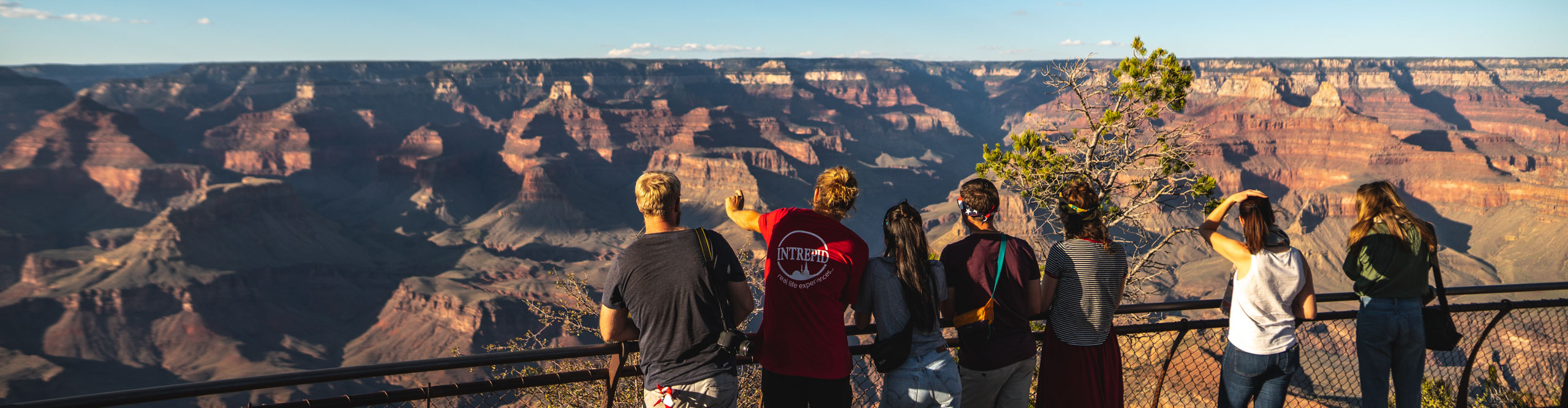  Group looking at view of Grand Canyon at the sun is setting, Arizona, USA