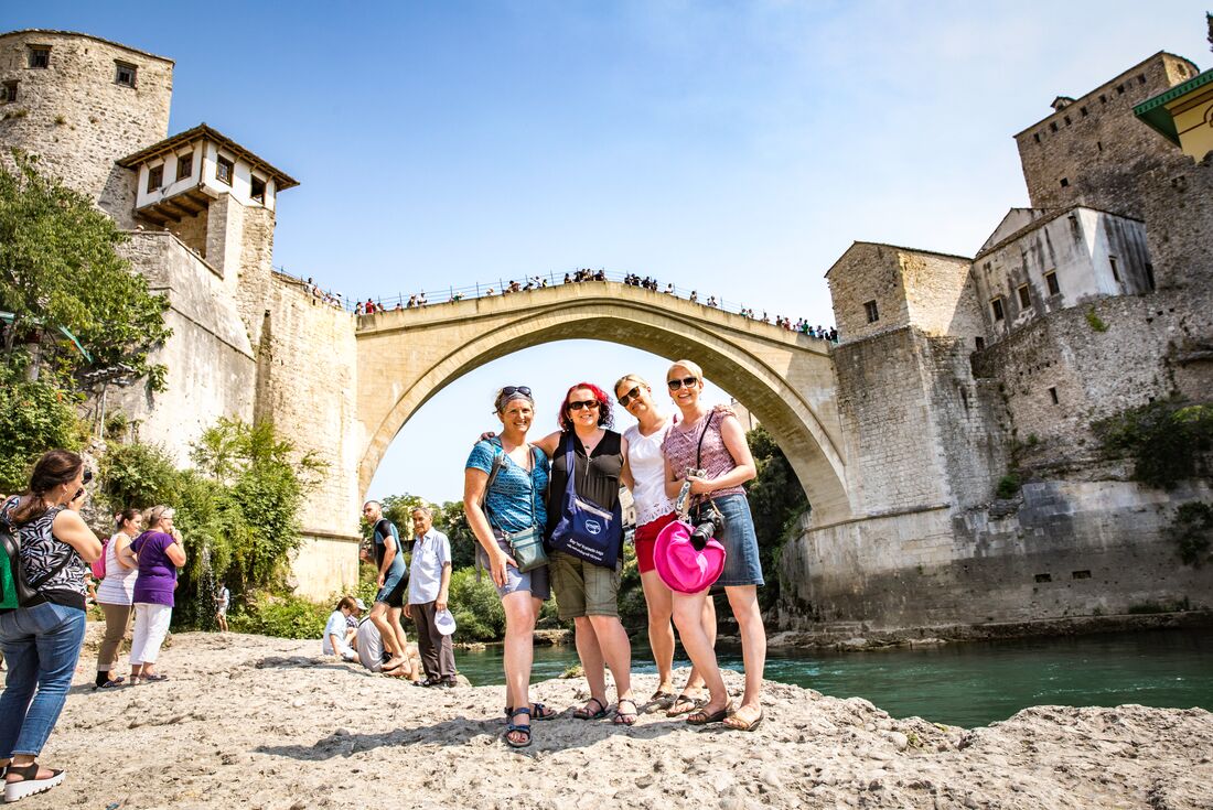 Intrepid travellers in Mostar bridge - Bosnia