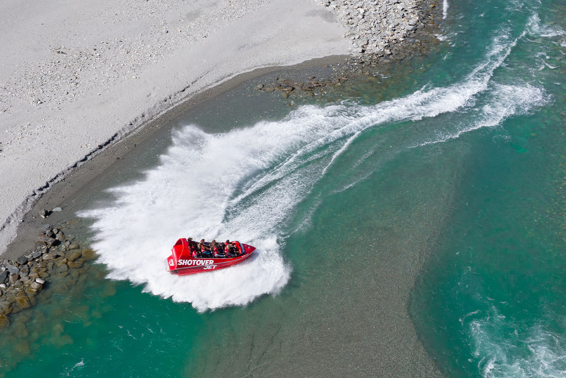 Pax on shotover jet in Queenstown, South Island, New Zealand