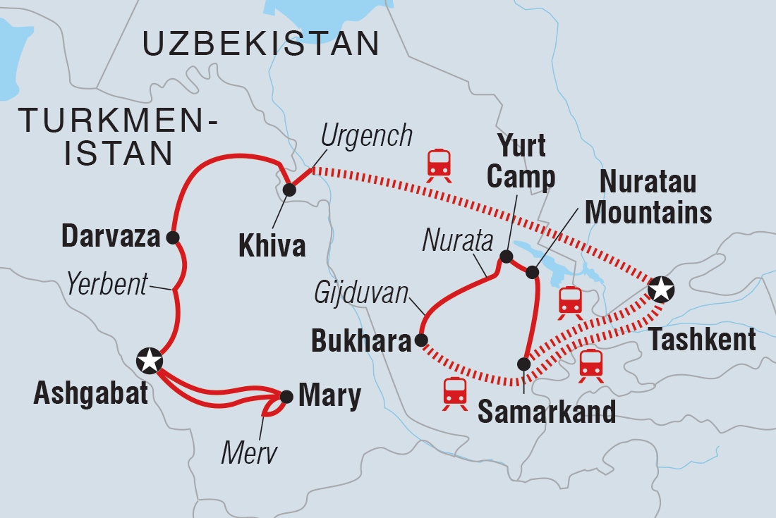 Map of Uzbekistan & Turkmenistan Adventure including Turkmenistan and Uzbekistan