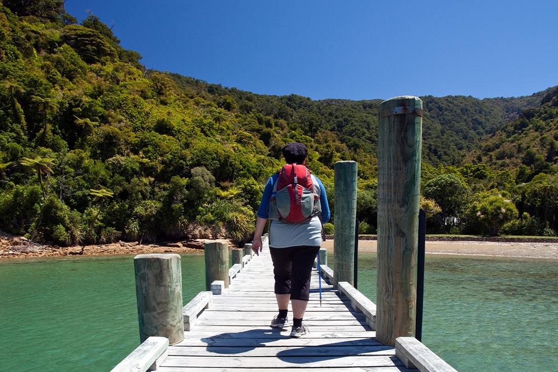Traveller walking across bridge on the Queen Charlotte Track, South Island, NZ