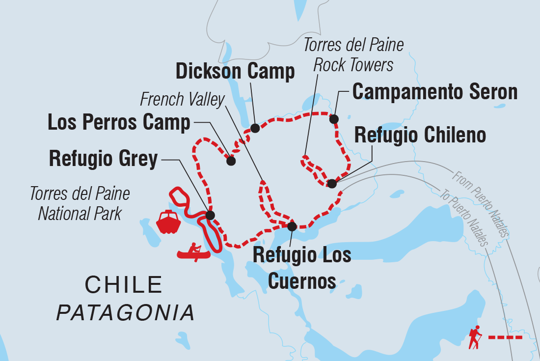 Map of Patagonia: Torres Del Paine Full O Circuit including Chile