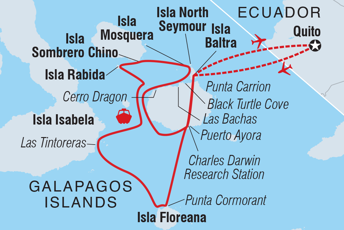 Map of Classic Galapagos: Central Southern Islands (Grand Queen Beatriz) including Ecuador
