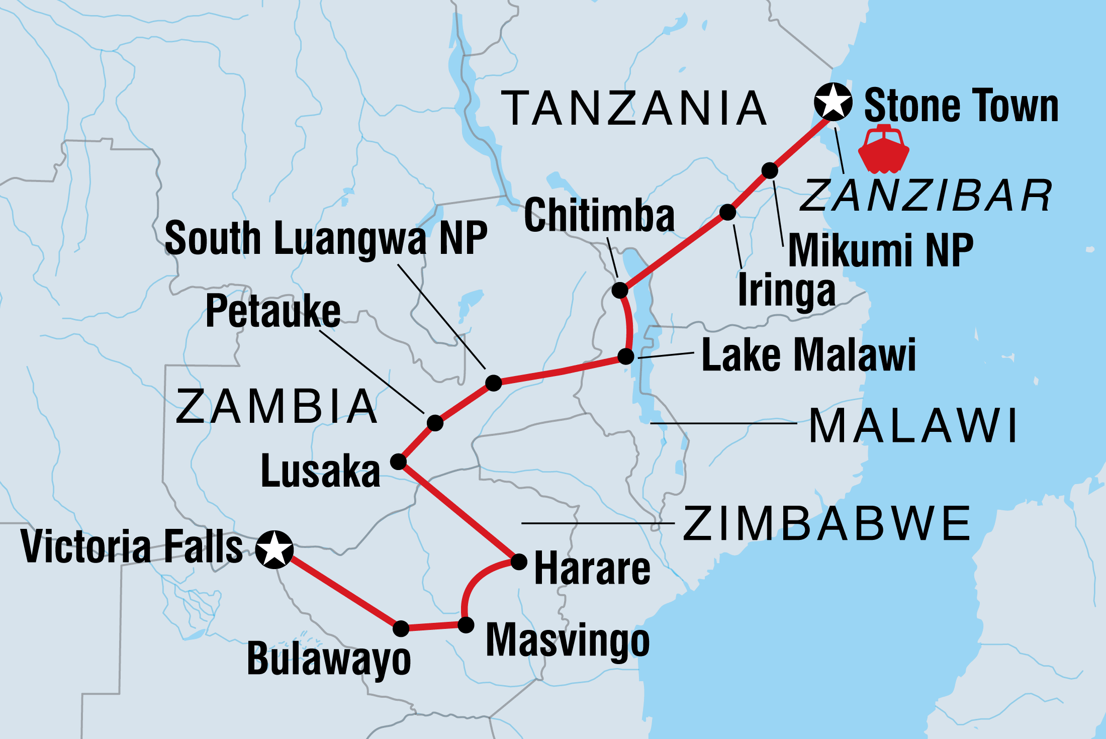 Map of Stone Town To Vic Falls including Malawi, Tanzania, United Republic Of, Zambia and Zimbabwe