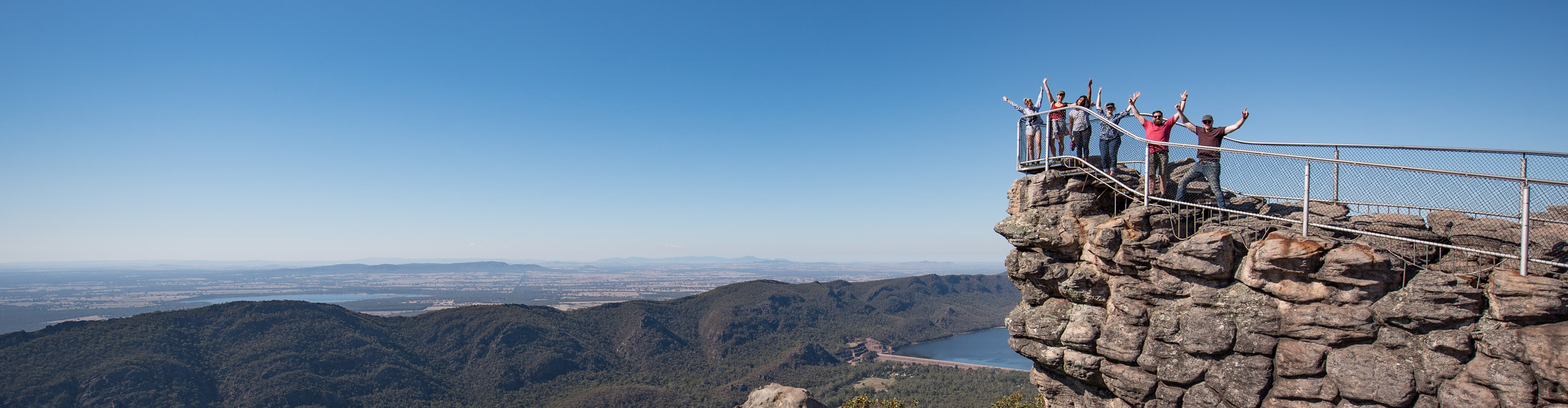 Group at the Pinnacle lookout point in the Grampians, on a sunny cloudless day, Victoria, Australia