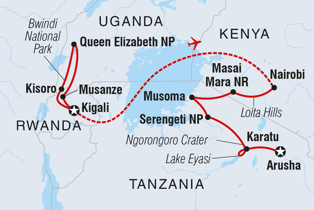 Map of Gorillas & East Africa Safari including Kenya, Rwanda, Tanzania, United Republic Of and Uganda