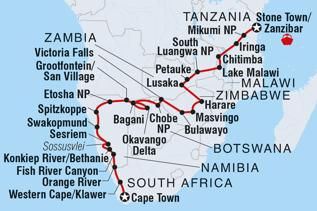 Map of Zanzibar To Cape Town including Botswana, Malawi, Namibia, South Africa, Tanzania, United Republic Of, Zambia and Zimbabwe