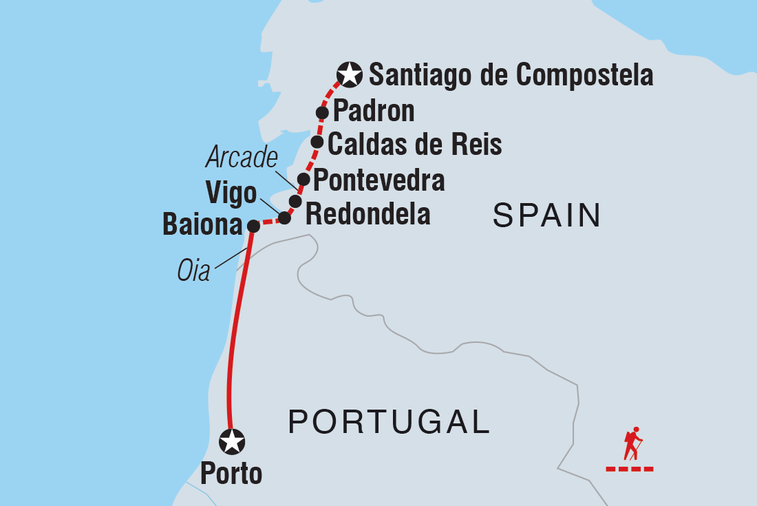 Map of Portuguese Camino including Portugal and Spain