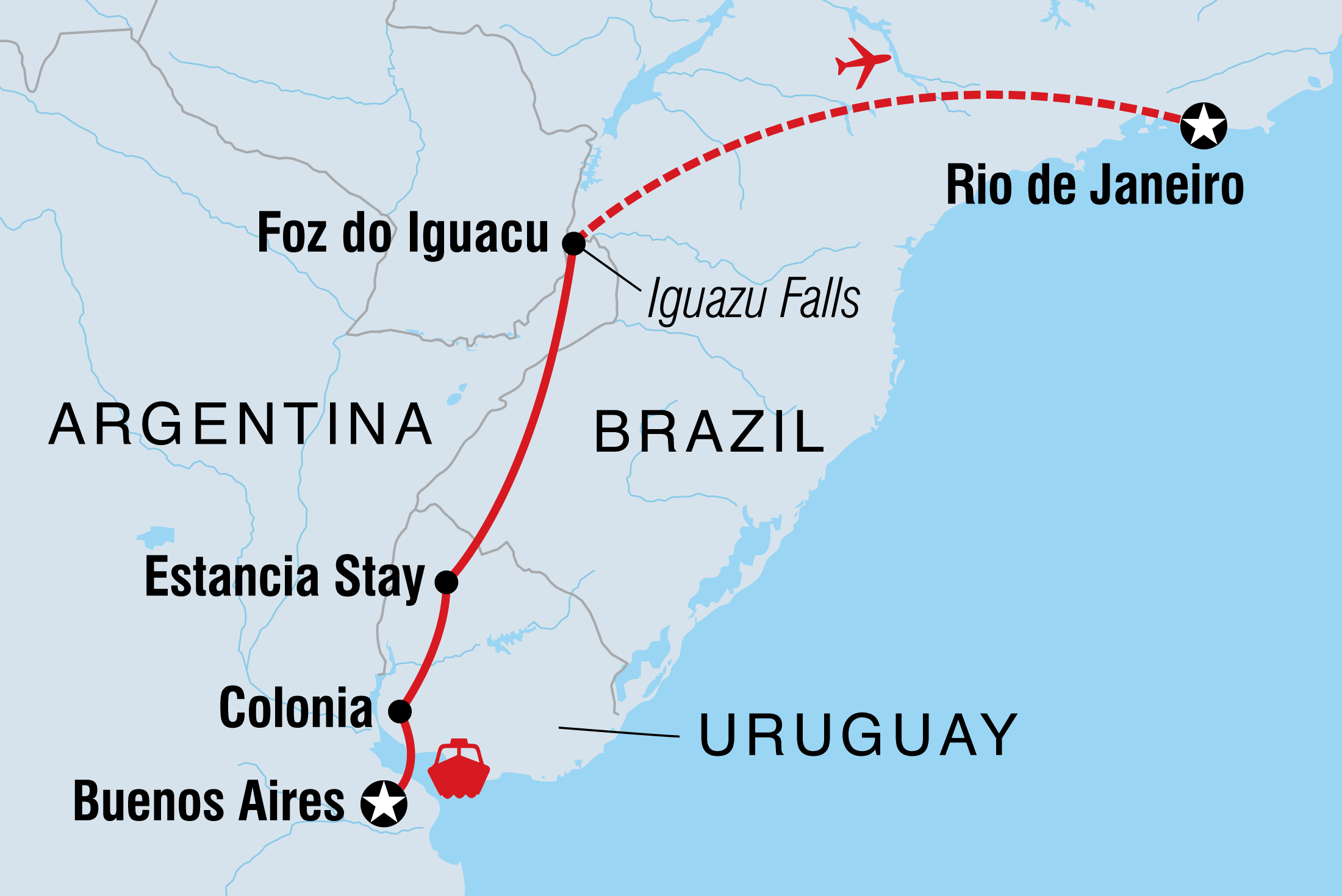 Map of Best Of Argentina, Uruguay & Brazil including Argentina, Brazil and Uruguay