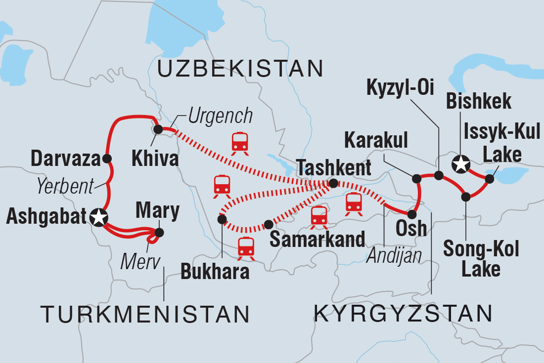 Map of Bishkek To Ashgabat including Kyrgyzstan, Turkmenistan and Uzbekistan