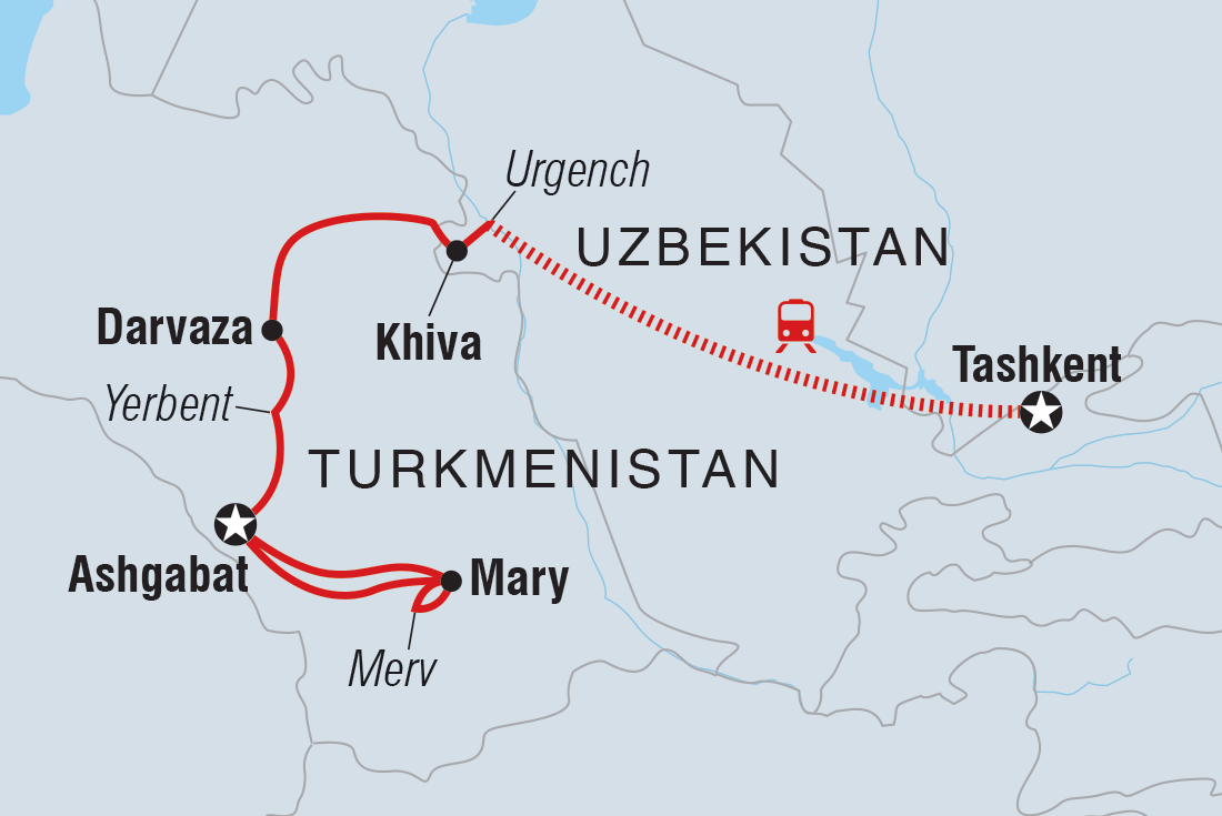 Map of Tashkent To Ashgabat including Turkmenistan and Uzbekistan