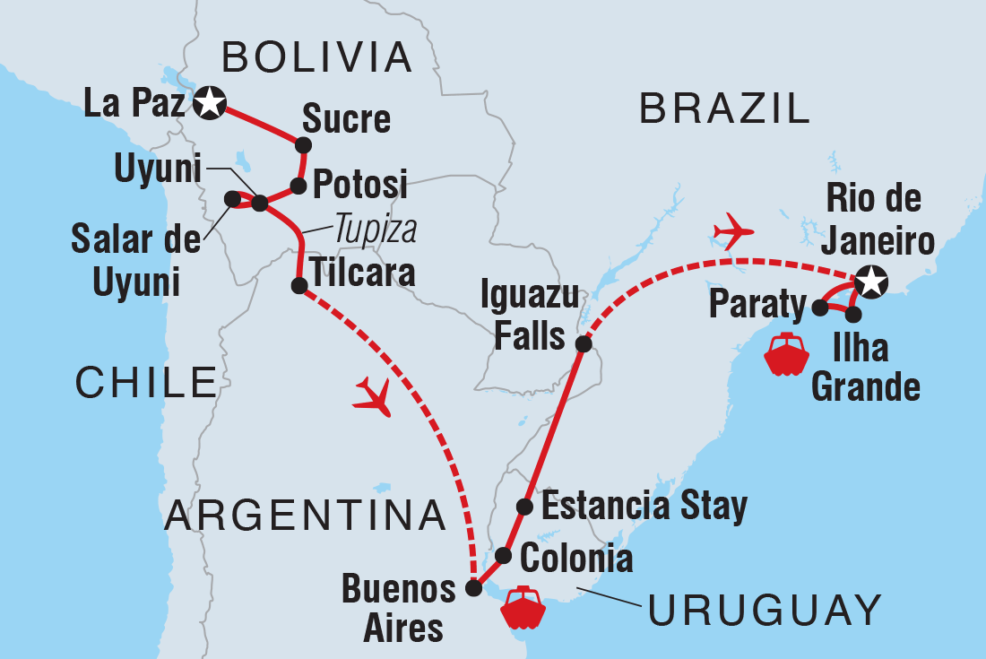 Map of Explore Bolivia To Brazil including Argentina, Bolivia, Brazil and Uruguay