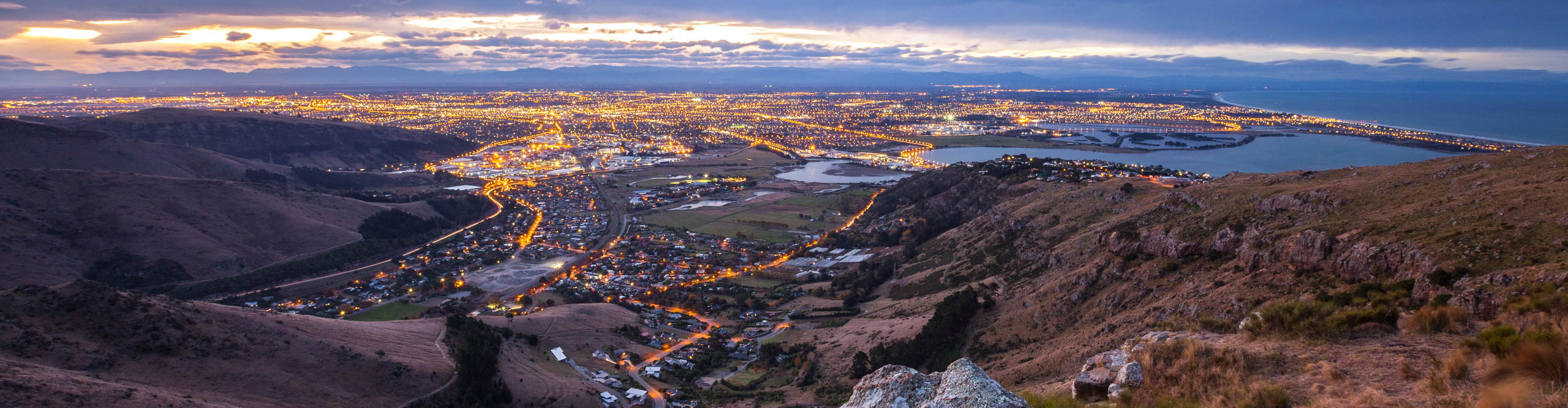 View of Christchurch city from Mount Pleasant at dusk, South Island, New Zealand
