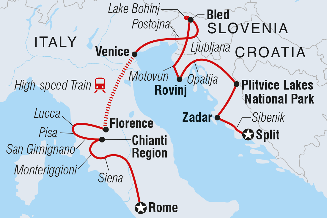 Map of Premium Rome To Split including Croatia, Italy and Slovenia