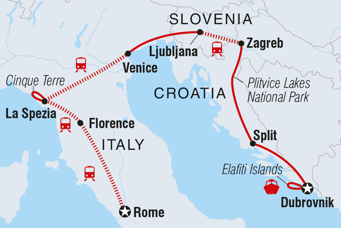 Map of Dubrovnik To Rome including Croatia, Italy and Slovenia