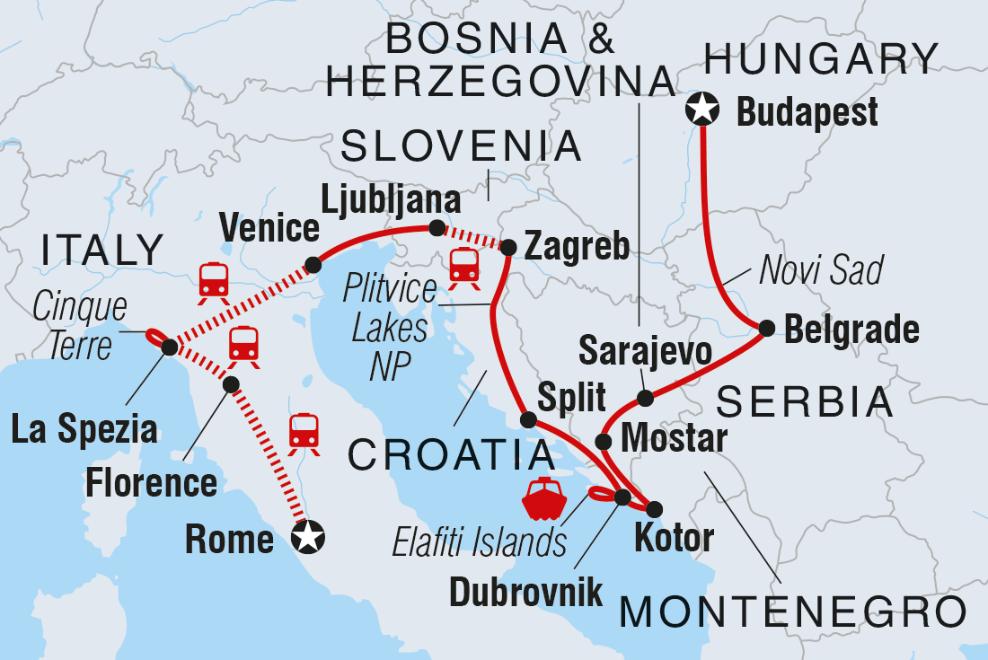 Map of Budapest To Rome including Bosnia And Herzegovina, Croatia, Hungary, Italy, Montenegro, Serbia and Slovenia