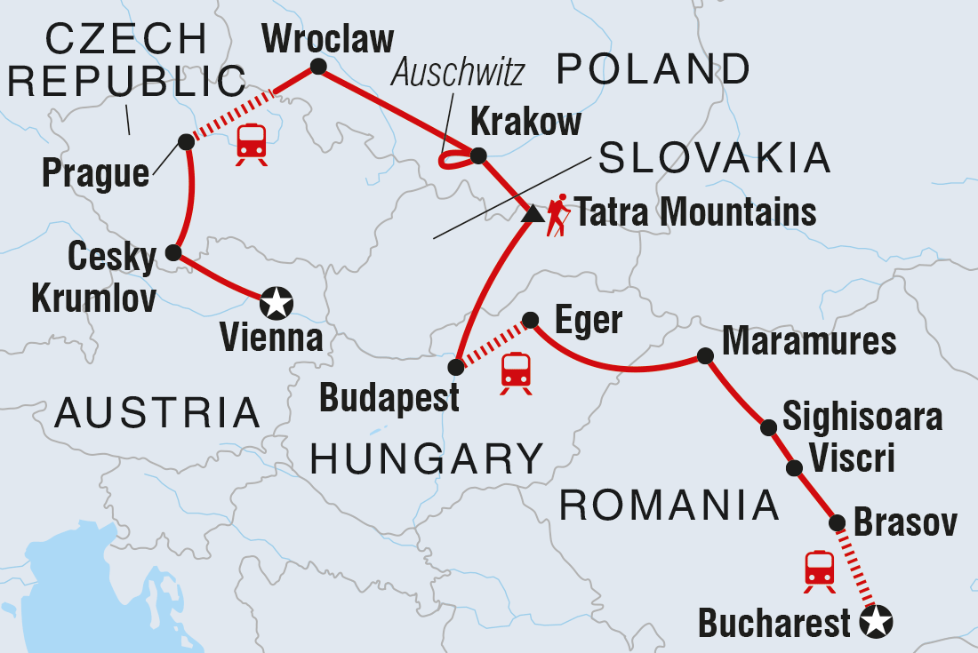 Map of Journey Through Central Europe & Romania including Austria, Czech Republic, Hungary, Poland, Romania and Slovakia