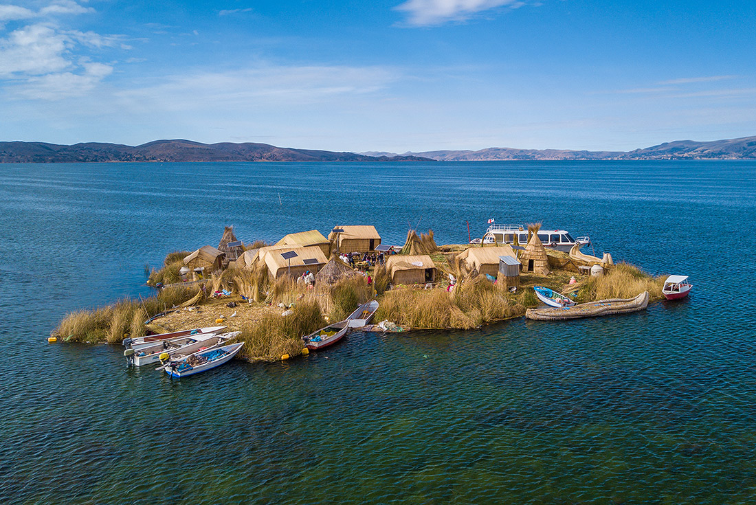 Aerial view of Floating Island, Lake Titicaca, Peru
