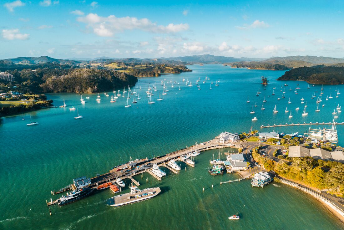 Aerial view of Russell's bay and the Opua Ferry terminal in the Bay of Islands in new Zeland