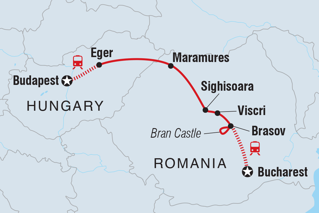 Map of Budapest To Bucharest including Hungary and Romania