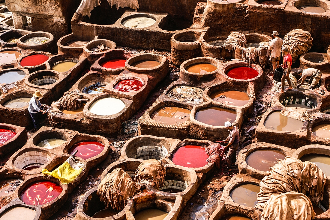 Rooftop view of leather tanneries and colourful tanks, Fes, Morocco