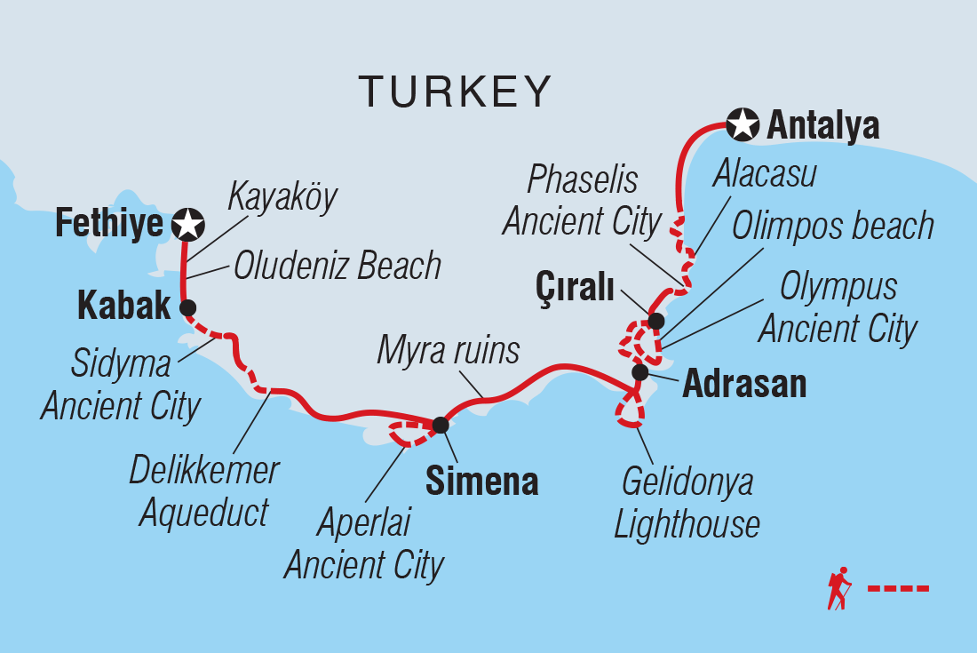 Map of Walk The Highlights Of The Lycian Way including Turkey
