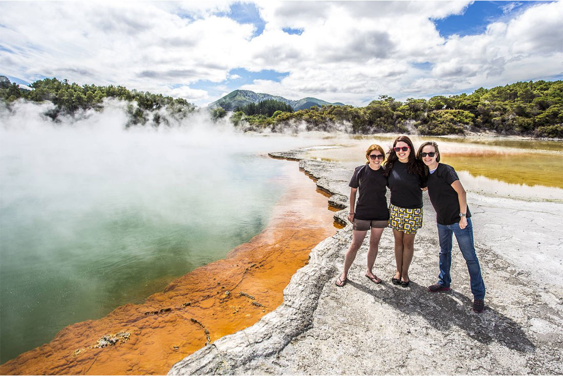 Group near the geothermal pools in Rotorua, North Island, New Zealand