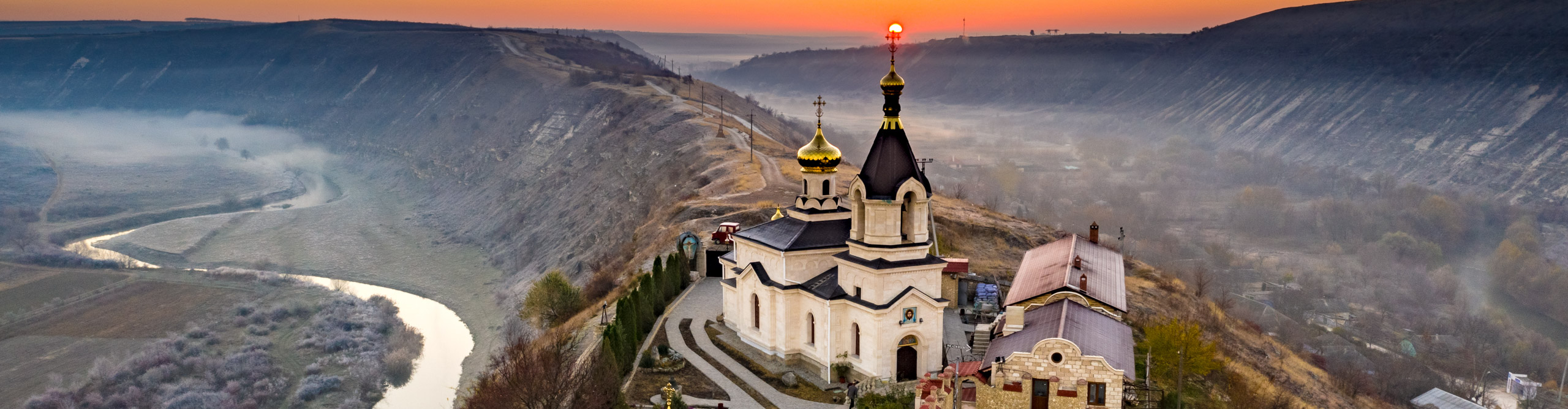 Old Orhei Monastery high on the hill at sunrise in Moldova Republic, in winter 