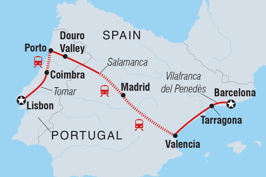 Map of Classic Barcelona To Lisbon including Portugal and Spain