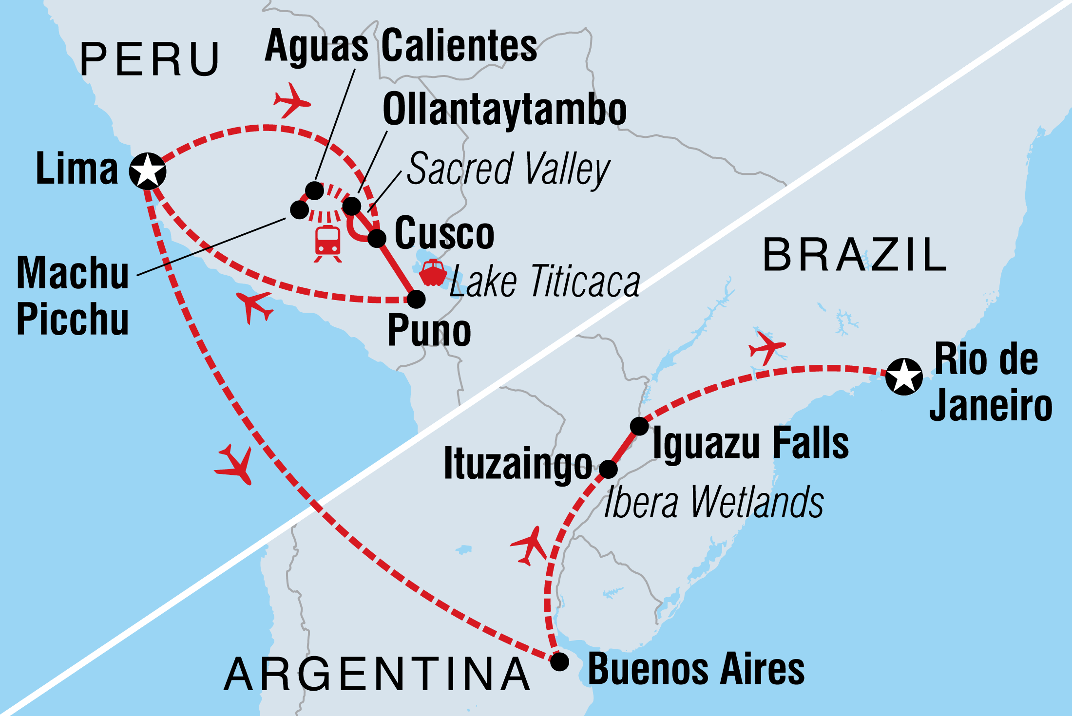 Map of Explore Peru, Argentina & Brazil including Argentina, Brazil and Peru