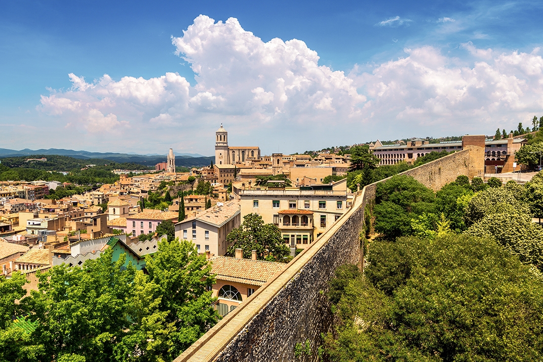 View from medieval wall of Girona and cathedral, Catalonia, Spain