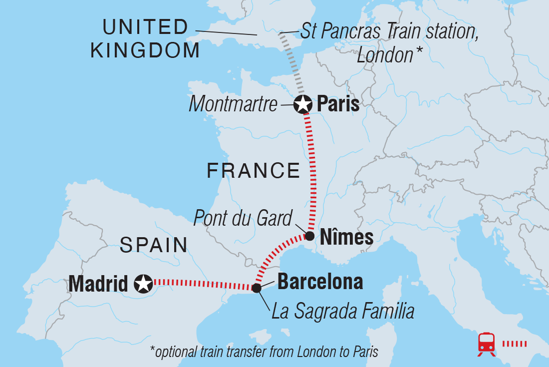 Map of Paris To Madrid By Rail including France and Spain