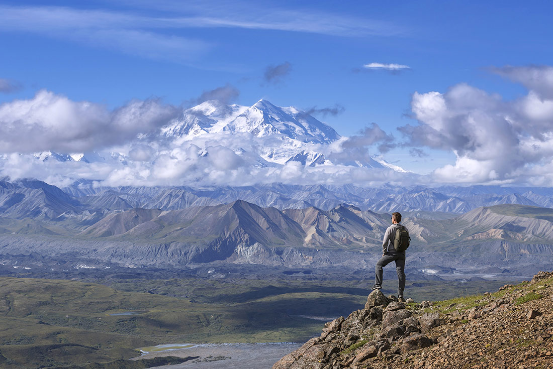 SAXD - Hiker in front of mountains in Denali National Park, Alaska 