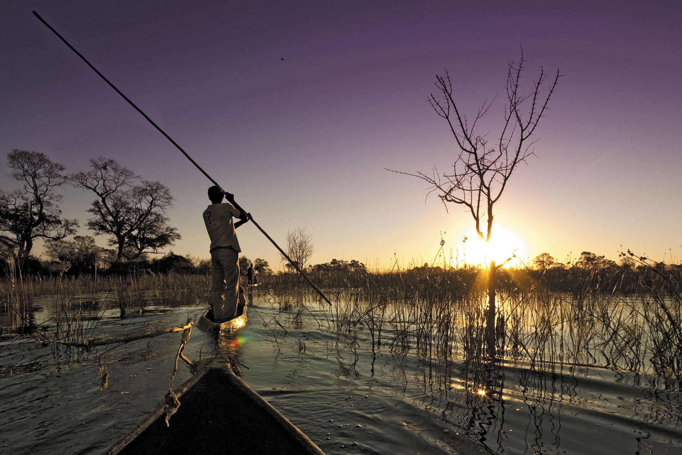 Cruising down the Okavango Delta at dusk, South Africa