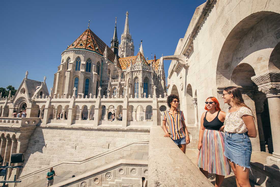 Travellers take in the views from the Fishermans bastion balcony