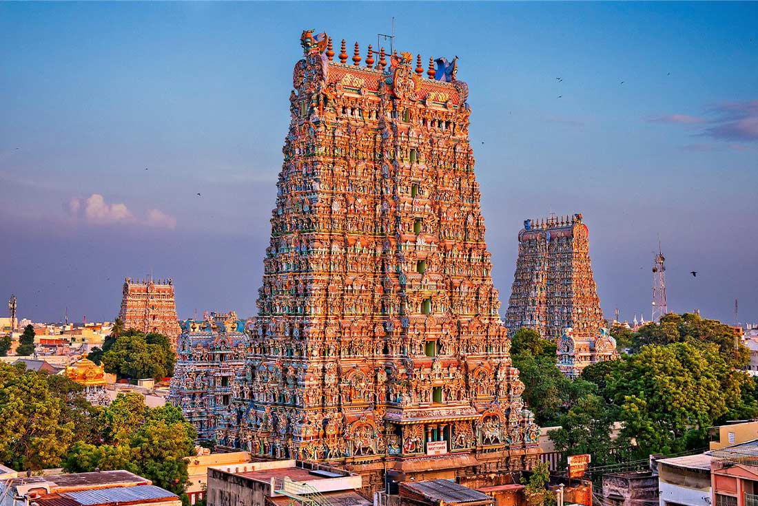 View of the colourful Meenakshi Temple in Madurai, India