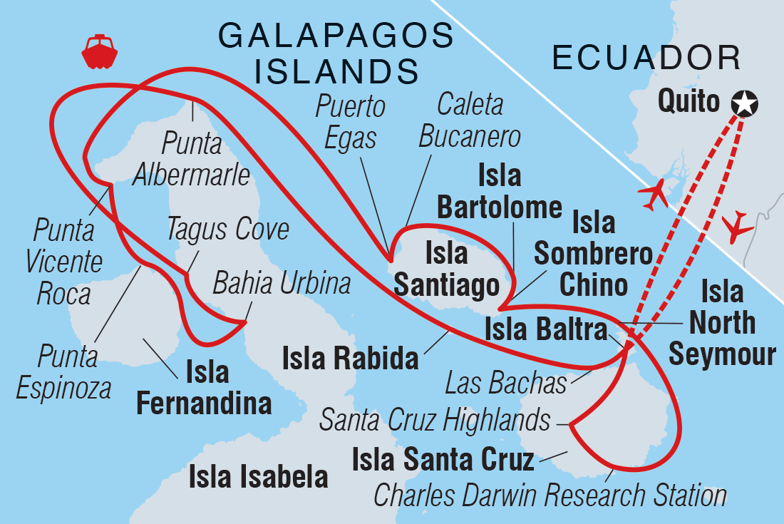 Map of Ultimate Galapagos: Central Islands (Grand Daphne) including Ecuador