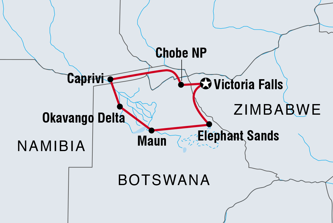 Map of Botswana Highlights including Botswana, Namibia and Zimbabwe