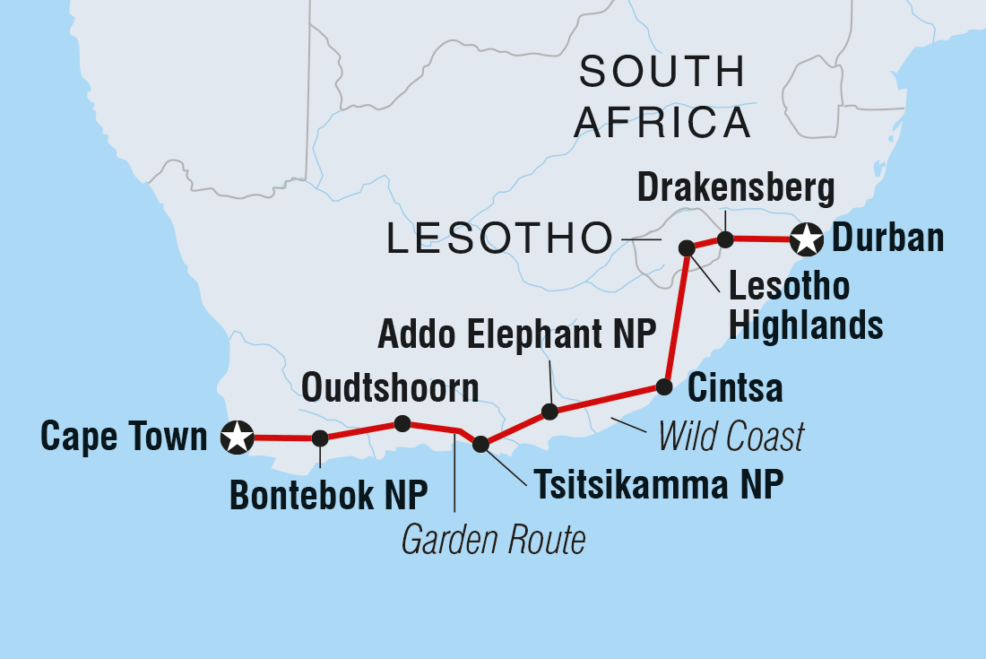 Map of Garden Route Adventure including Lesotho and South Africa