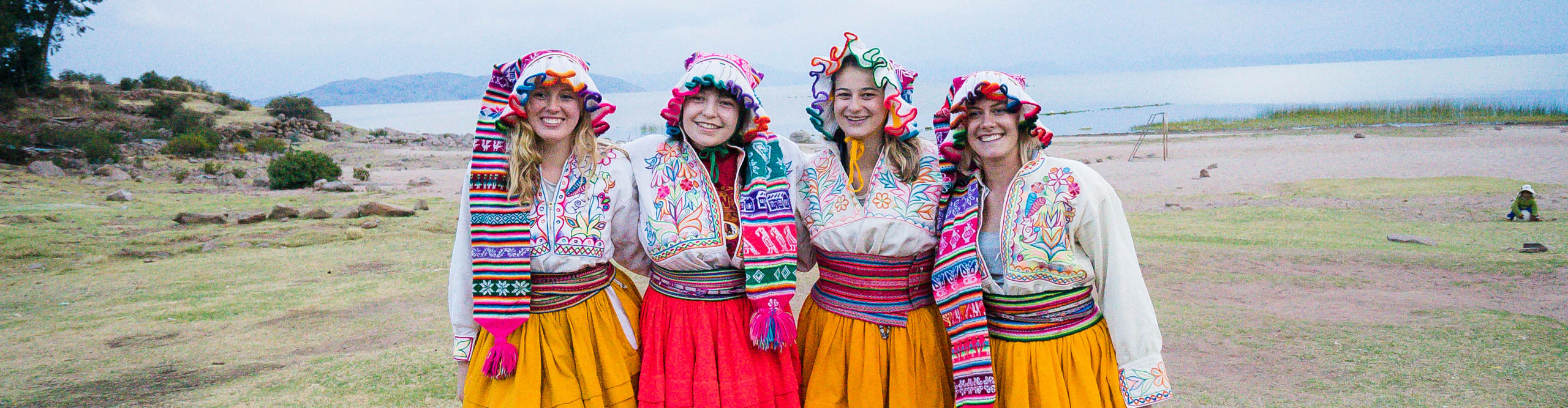 Travellers dressed in traditional clothing, Lake Titcaca