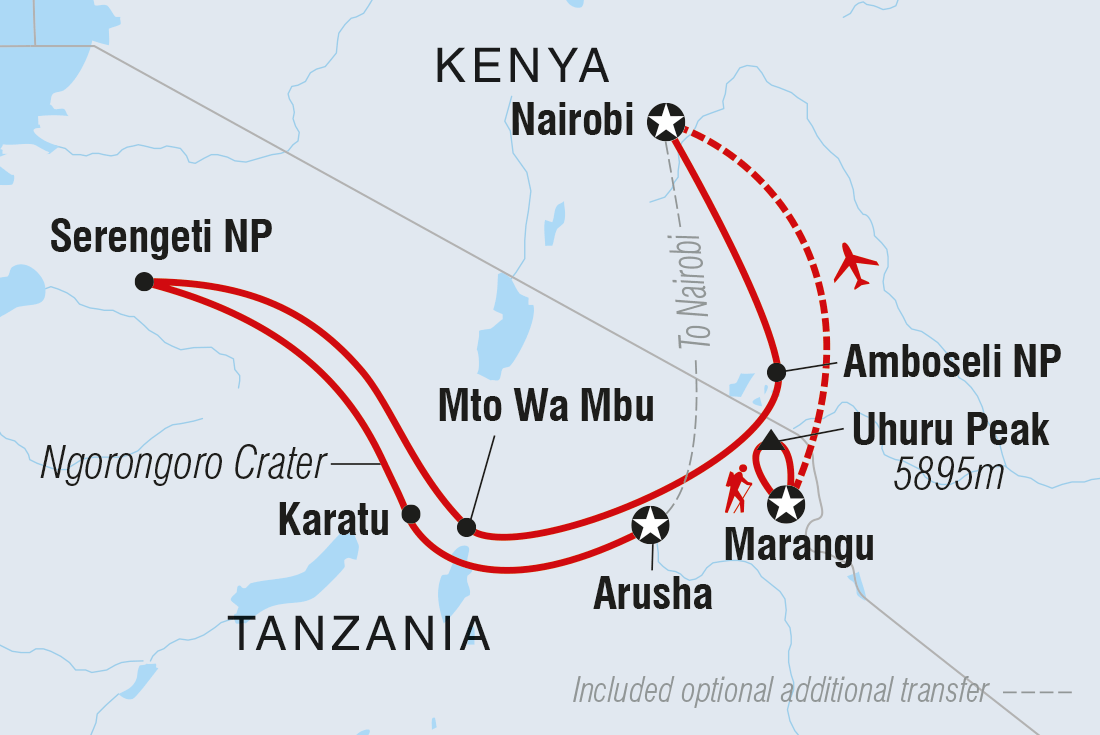 Map of Kilimanjaro & Serengeti Adventure including Kenya and Tanzania, United Republic Of