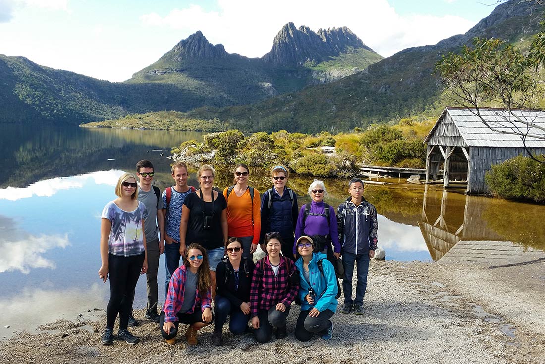 PUKT - Group of travellers posing in front of Cradle Mountain, Tasmania 